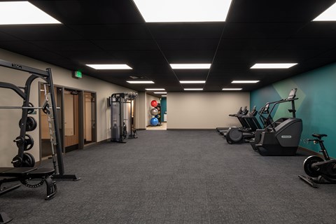 A gym with a variety of exercise equipment including treadmills, stationary bikes, and weightlifting machines.