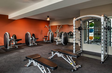 A gym with orange walls and a variety of equipment.
