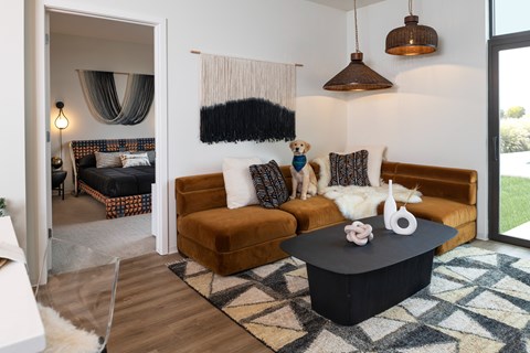 A living room with a brown couch, a black coffee table, and a white dog.