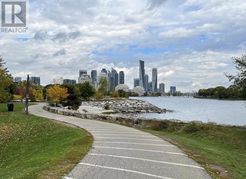 A city skyline is visible in the distance behind a walkway.