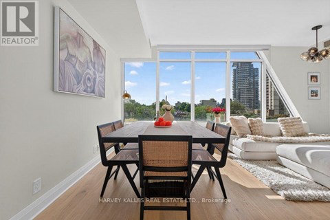 A dining room with a table set for two and a view of the city.