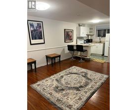 A room with a rug on the floor and a kitchen area in the background.