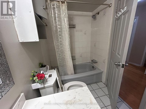 A bathroom with a white toilet, a bathtub, and a shower curtain.