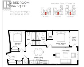 A floor plan for a 2 bedroom, 964 square foot apartment with additional space on the first three floors.