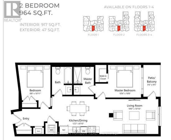 A floor plan for a 2 bedroom, 964 square foot apartment with additional space on the first three floors.