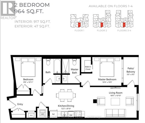 A floor plan for a 2 bedroom, 964 square foot apartment with additional space on the first three floors.