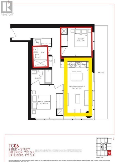 A floor plan for a TC06 study shows two bedrooms, a living room, and a balcony.
