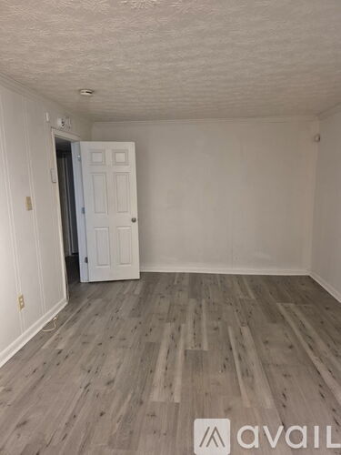 A room with wooden flooring and a white door.