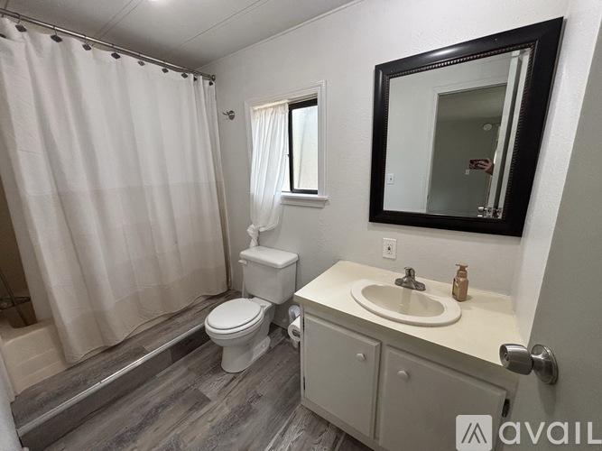 A bathroom with a toilet, sink, and shower curtain.