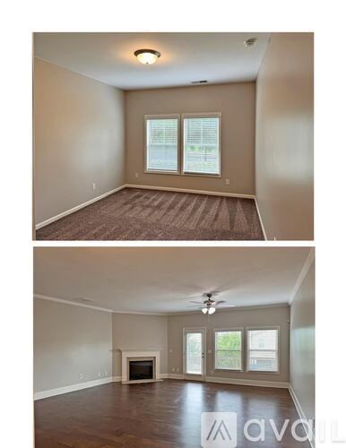 Two images of empty rooms, one with a fireplace and the other with a ceiling fan.