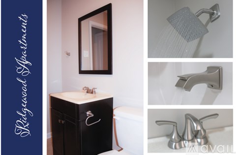 A collection of bathroom items including a mirror, shower head, faucet, and a cabinet.