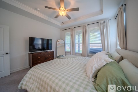 A bedroom with a bed, a television, and a ceiling fan.