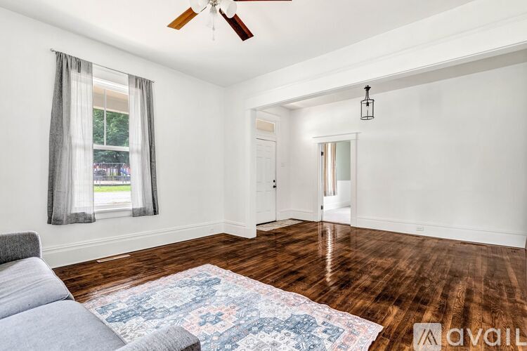 A living room with a grey couch and a blue rug.