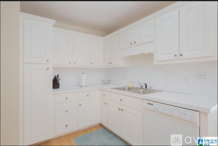 A kitchen with white cabinets and a blue rug on the floor.