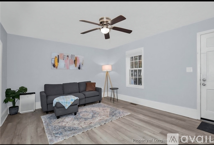 A living room with a grey couch, a rug, a floor lamp, and a ceiling fan.