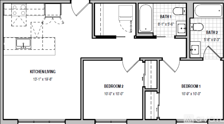 A floor plan of a house with a kitchen, two bedrooms, and two bathrooms.