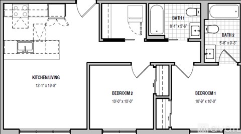 A floor plan of a house with a kitchen, two bedrooms, and two bathrooms.