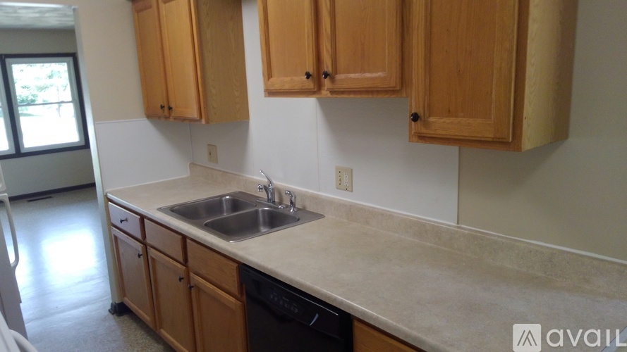 A kitchen with wooden cabinets and a sink.