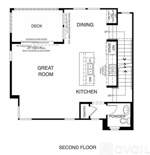 A floor plan of a second-floor apartment with a kitchen, great room, and dining area.