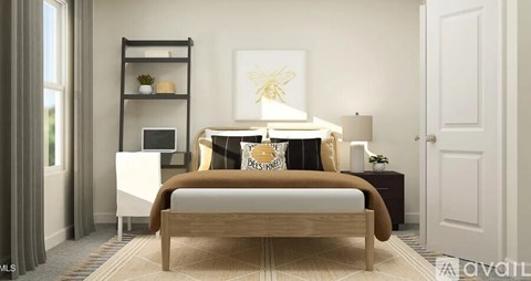 A bedroom with a bed, nightstand, and a shelf with a plant on it.