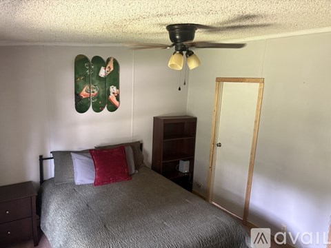 A bedroom with a bed, dresser, and a ceiling fan.