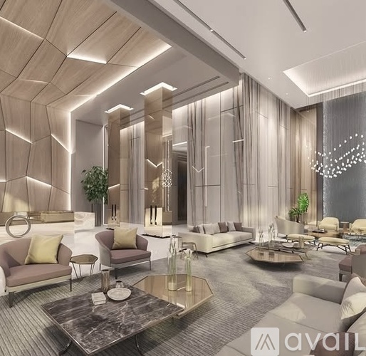 A modern living room with a marble coffee table and a large chandelier.