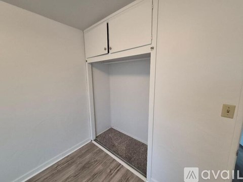 A small white closet with a grey carpet on the floor.