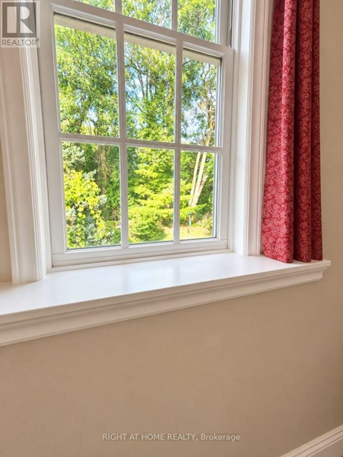 A window with red curtains and a view of trees outside.