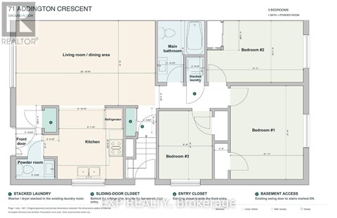 A floor plan for a residence at 71 Addington Crescent, showing a living room, three bedrooms, a kitchen, and a powder room.