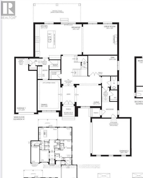 A black and white floor plan of a house with a garage and two bedrooms.