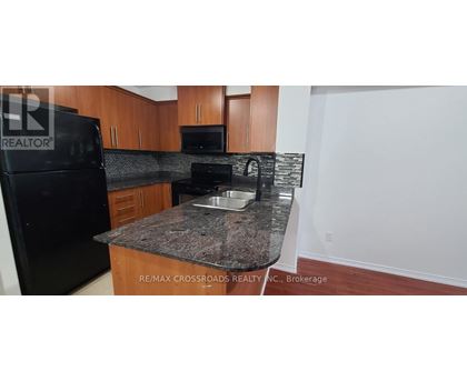 A kitchen with a black fridge and a granite counter top.
