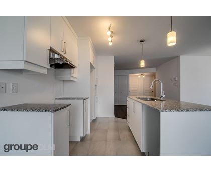 A kitchen with white cabinets and a granite countertop.