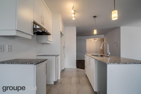 A kitchen with white cabinets and a granite countertop.