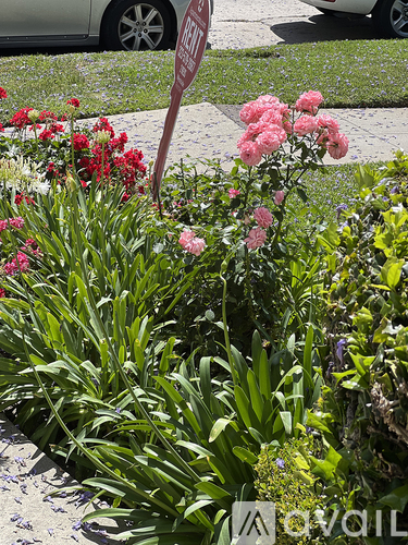 A red and white sign is sticking out of a flower bed.
