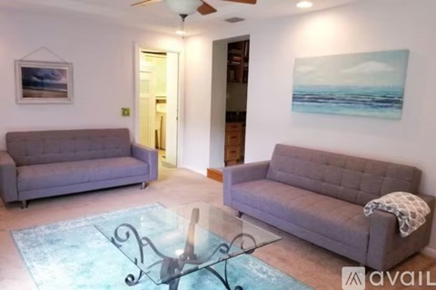 A living room with two grey couches and a glass coffee table.