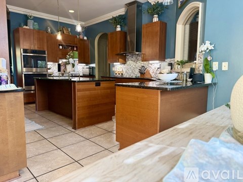 A kitchen with wooden cabinets and a countertop with a sink and a bowl on it.