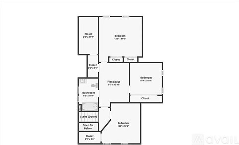 A floor plan of an apartment with two bedrooms, a bathroom, a flex space, a closet, and a staircase.