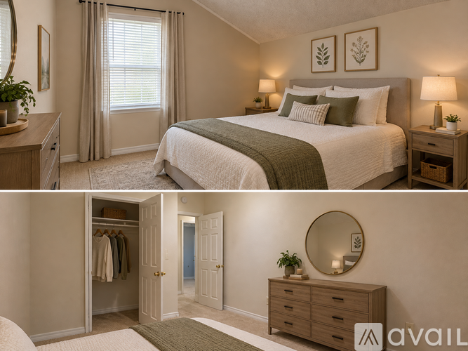 A bedroom with a bed, dresser, and mirror.