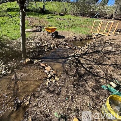 A muddy stream flows through a grassy area with a yellow wheelbarrow and wooden structure nearby.