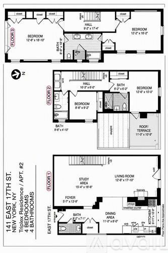A floor plan for an apartment at 141 East 17th St. in New York shows three bedrooms and a living area.