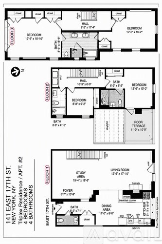 A floor plan for an apartment at 141 East 17th St. in New York shows three bedrooms and a living area.