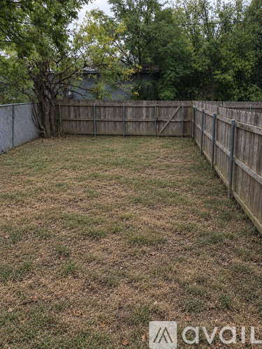 A backyard with a wooden fence and a tree.