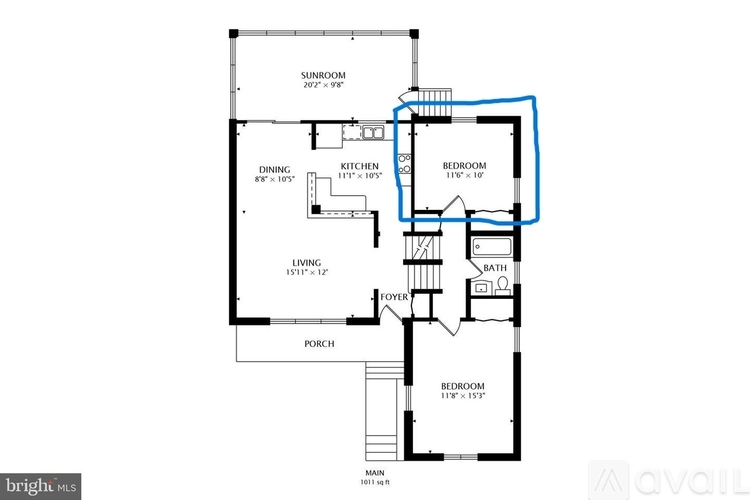 A floor plan of a house with a sunroom, two bedrooms, a living room, a dining room, a kitchen, a bathroom, and a foyer.