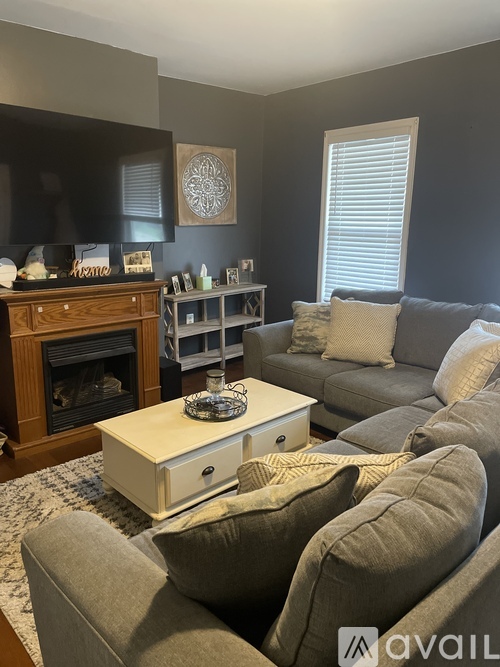 A living room with a grey couch and a fireplace.