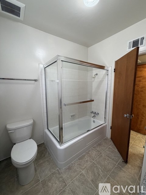 A bathroom with a toilet, a walk-in shower, and a wooden door.