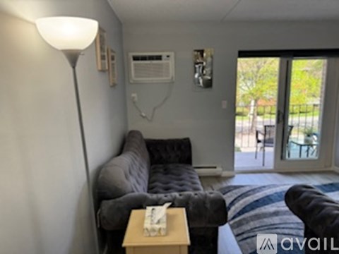A living room with a grey couch and a lamp.