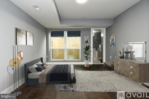 A bedroom with a bed, dresser, and mirror.