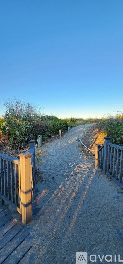 A wooden pathway with railings on either side leads through a natural landscape.