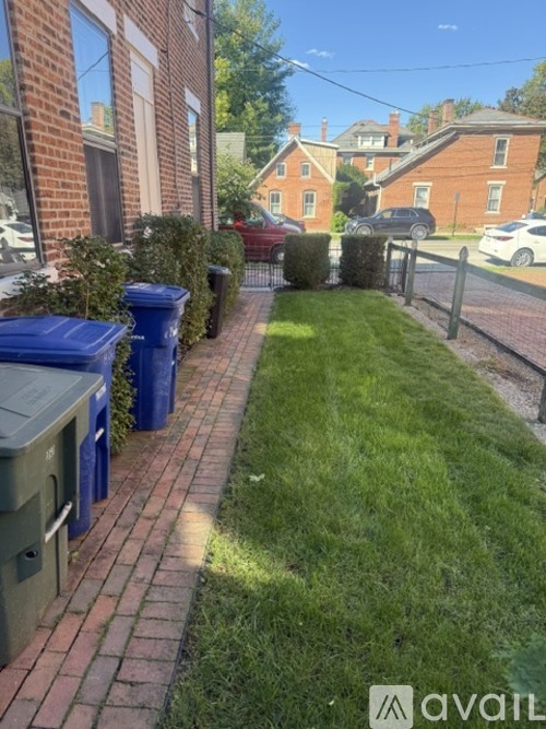 A residential street with blue bins and green grass.