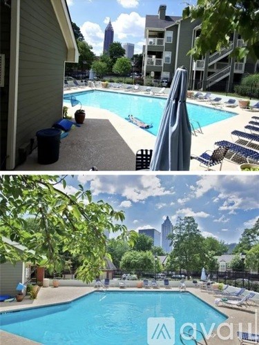 A swimming pool surrounded by lounge chairs and umbrellas.